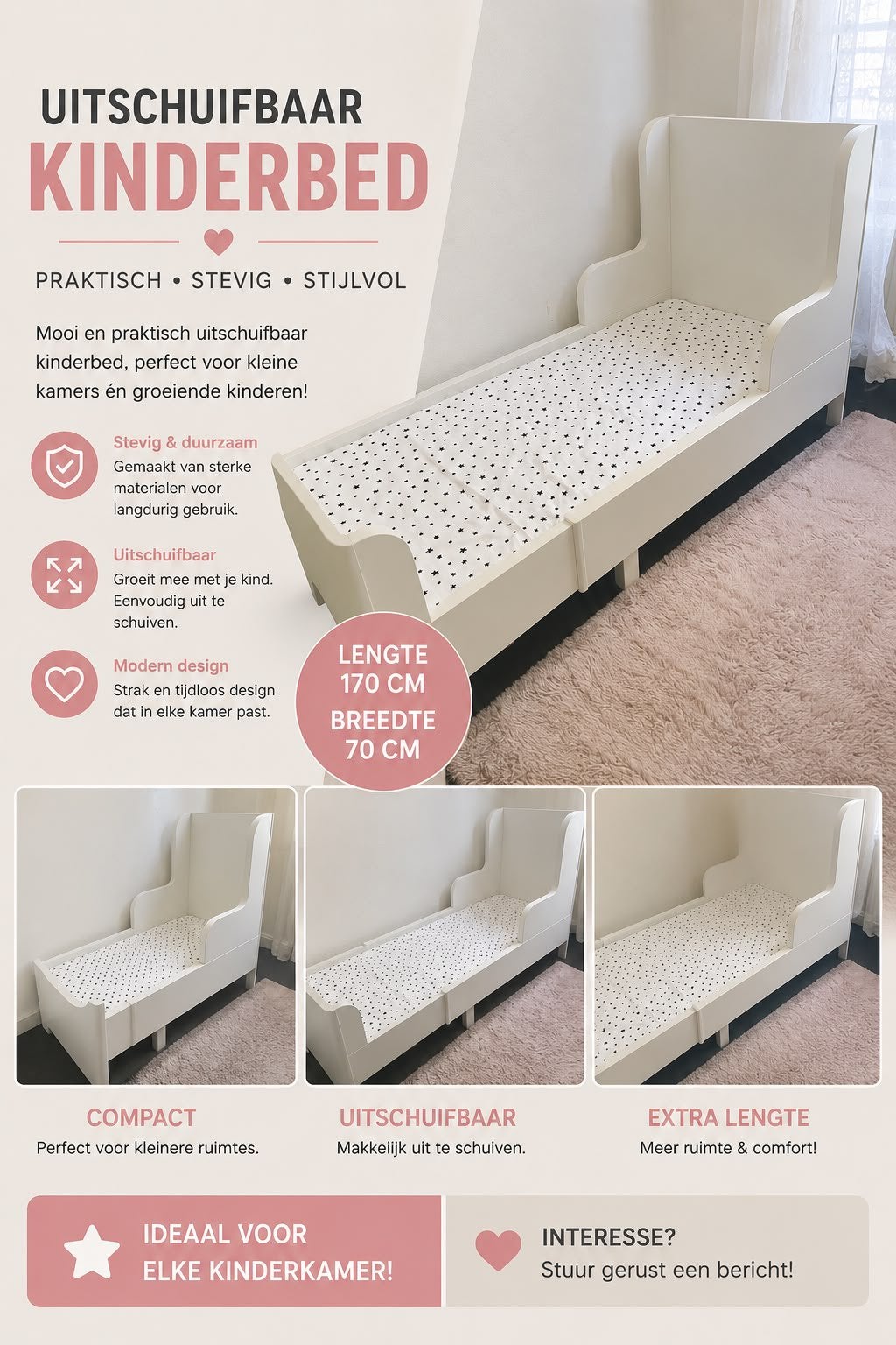 Uitschuifbare bed lengte 170CM Breedte 70CM, Ophalen, Wit, 190 cm of minder, Zo goed als nieuw