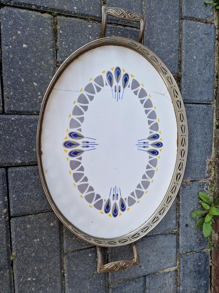 Antiek Art Deco Dienblad Porselein met Tin, Ophalen of Verzenden
