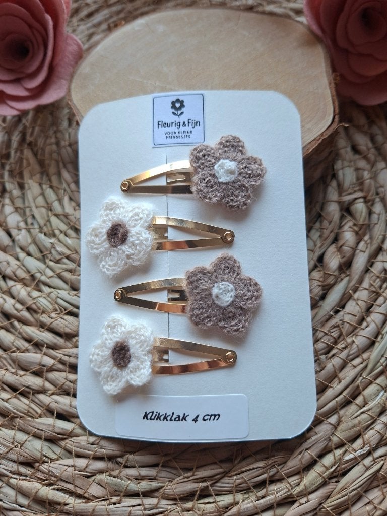 4 klikklak 4 cm met gebreide bloemetjes, Kinderen en Baby's, Haarspeld, Nieuw, Ophalen of Verzenden, Handgemaakt