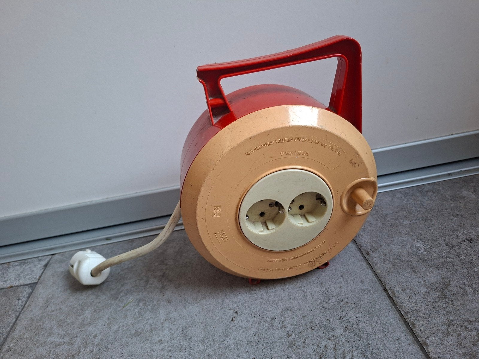 Vintage kabelhaspel met 2 stopcontacten, Ophalen, Gebruikt, Overige merken, Kabelhaspel