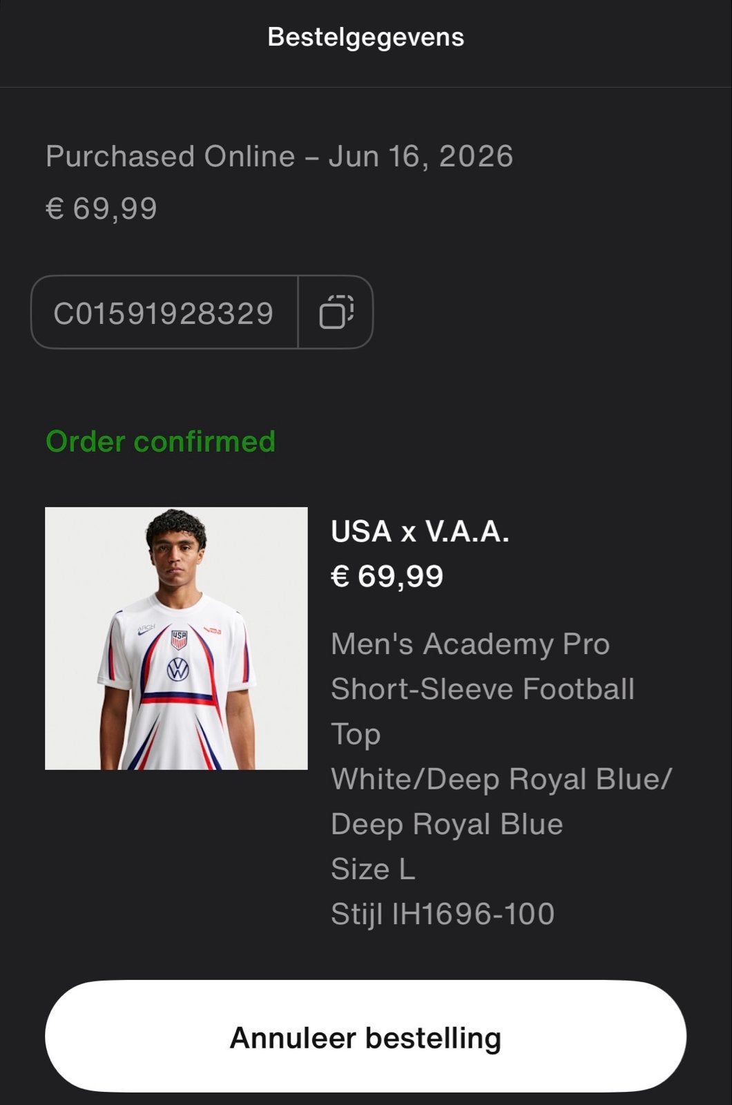 Nike USA x V.A.A. Men’s Academy Short Sleeve maat L, Kleding | Heren, Sportkleding, Ophalen of Verzenden, Zo goed als nieuw, Zwart