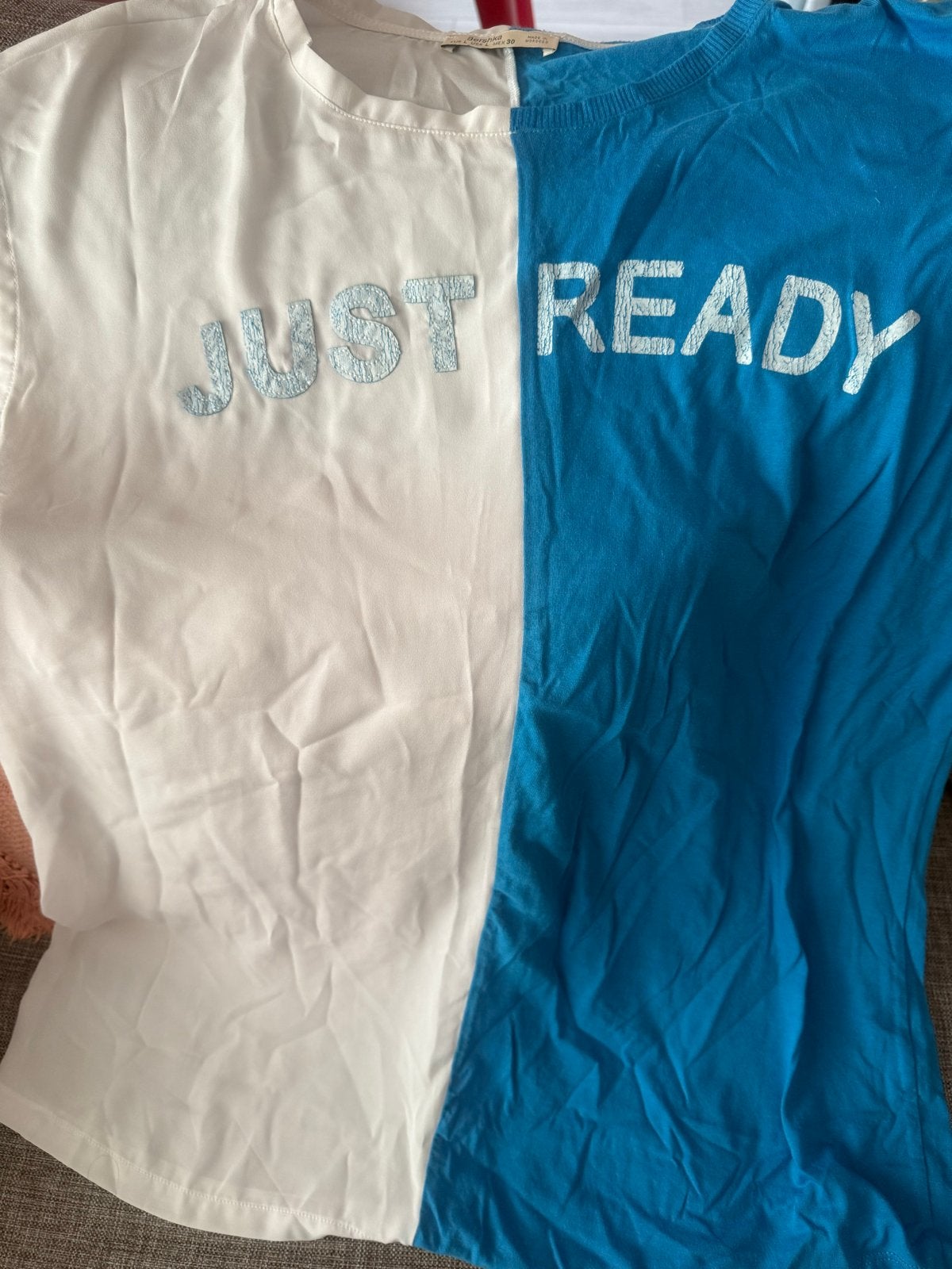 Bershka T-shirt L: Wit zijde-achtig & Blauw katoen 'Just Rea, Ophalen, Meerkleurig, Maat 42/44 (L), Korte mouw