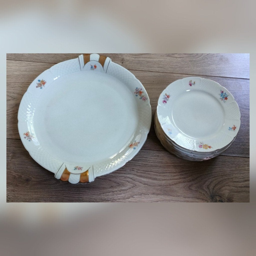 Jaren 30 art deco gebakservies Arzberg: schaal + 9 schotels, Ophalen