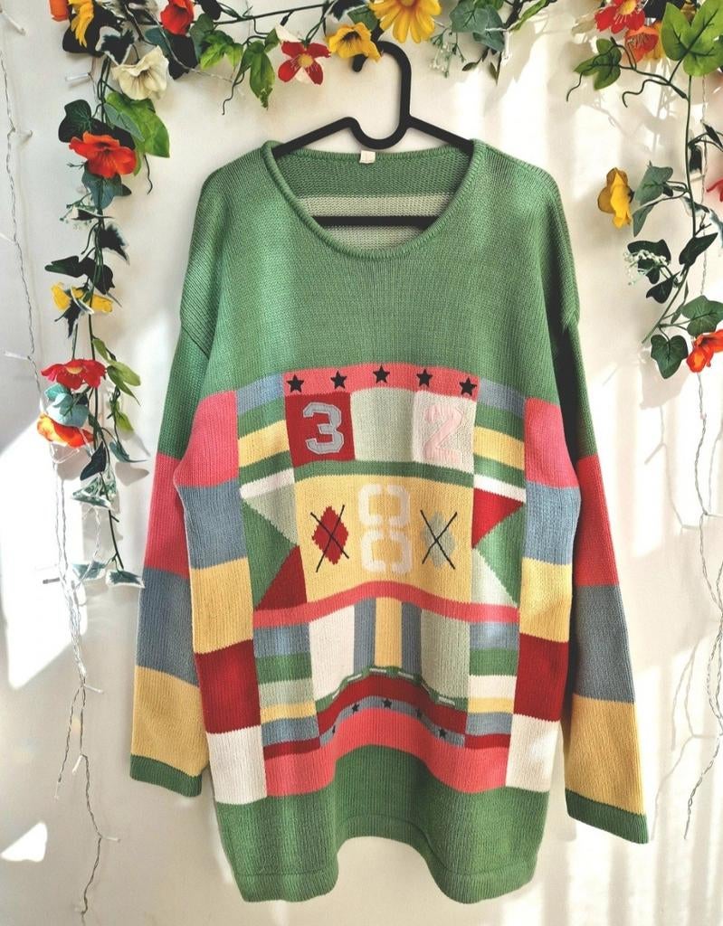 Super gave zware vintage retro gekleurde gebreide trui, Ophalen of Verzenden, Zo goed als nieuw, Maat 46/48 (XL) of groter