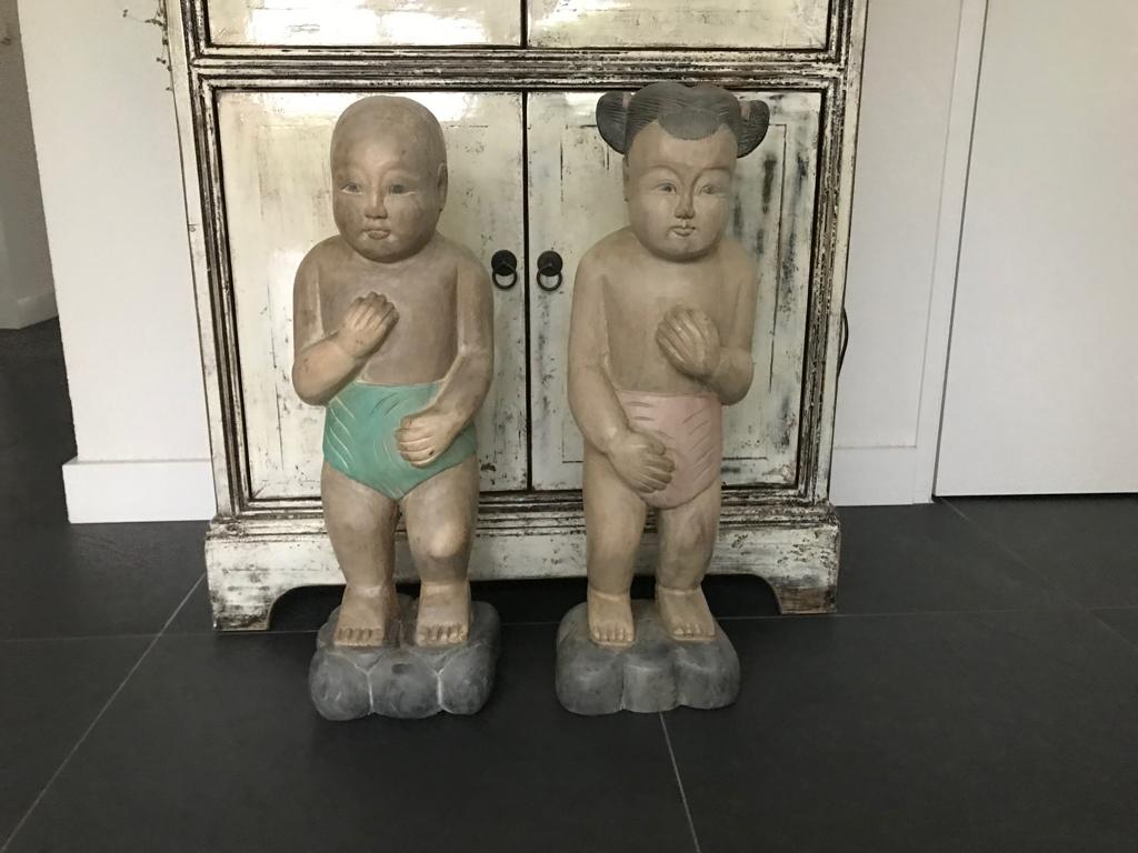 Houtsnijwerk beeld Thailand jongen meisje Thais Massief boom, Overige onderwerpen, Handgemaakt, Beeld, Hout