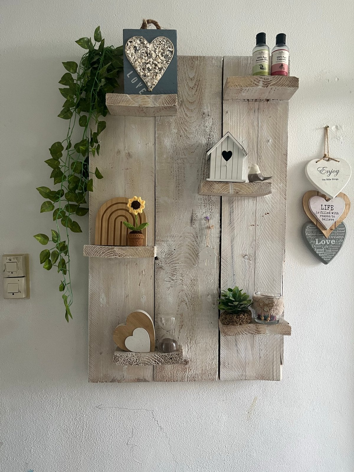Steigerhout wandplank - inclusief decoratie, Ophalen, Gebruikt