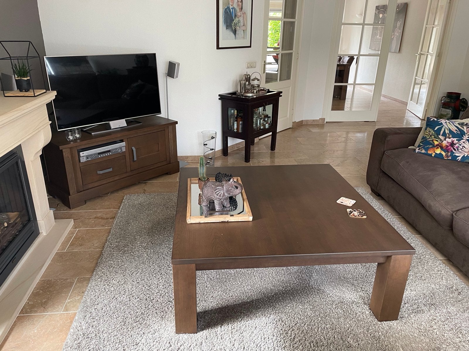 Salontafel modern donker eikenhout, vierkant, 120x120 cm, Gebruikt, 100 tot 150 cm, Vierkant, Ophalen of Verzenden