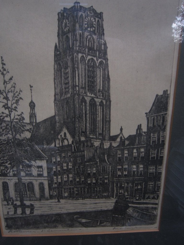 LAURENSTOREN Rotterdam, Mooie ets van Marius Janssen, Antiek en Kunst, Ophalen, Ets