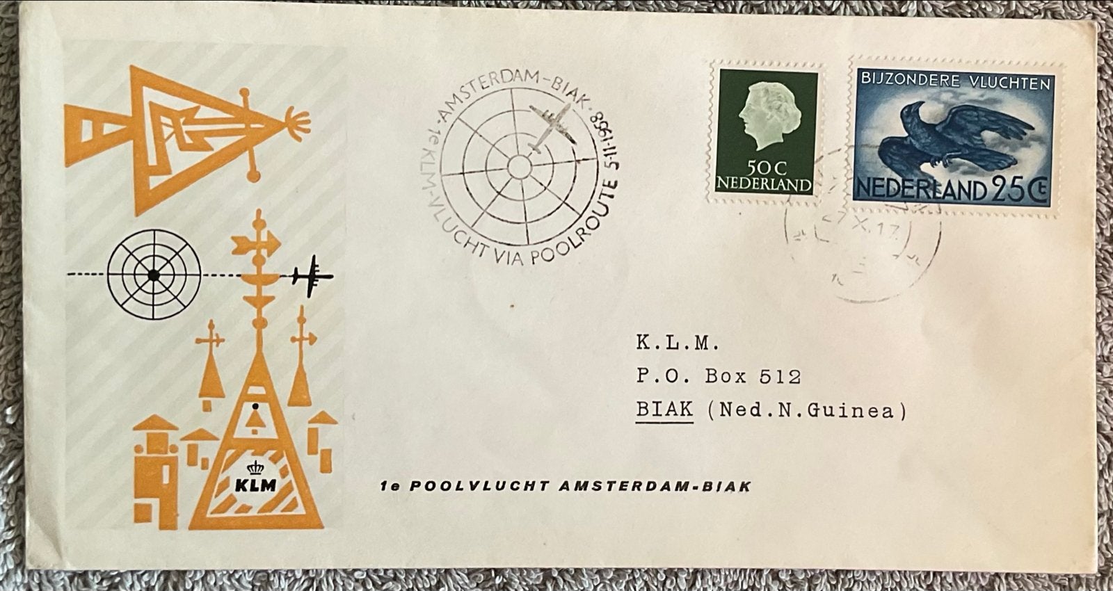 KLM 1e Poolvlucht Amsterdam-Biak 1953, Ophalen of Verzenden, Envelop