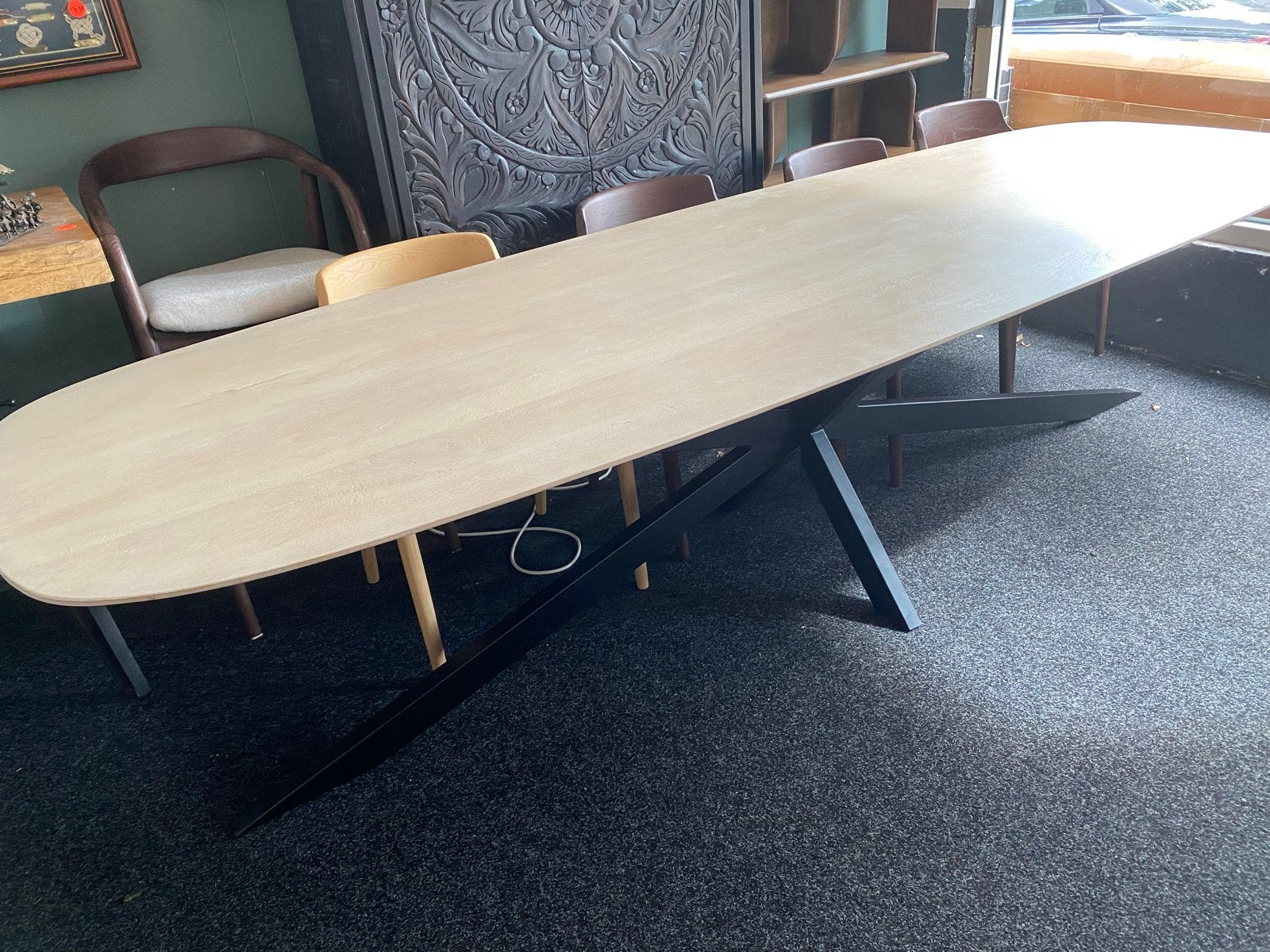 Massief Eiken Eettafel 300x100 met Matrix Spin Poot, Ophalen, 100 tot 150 cm, Eikenhout, Vijf personen of meer