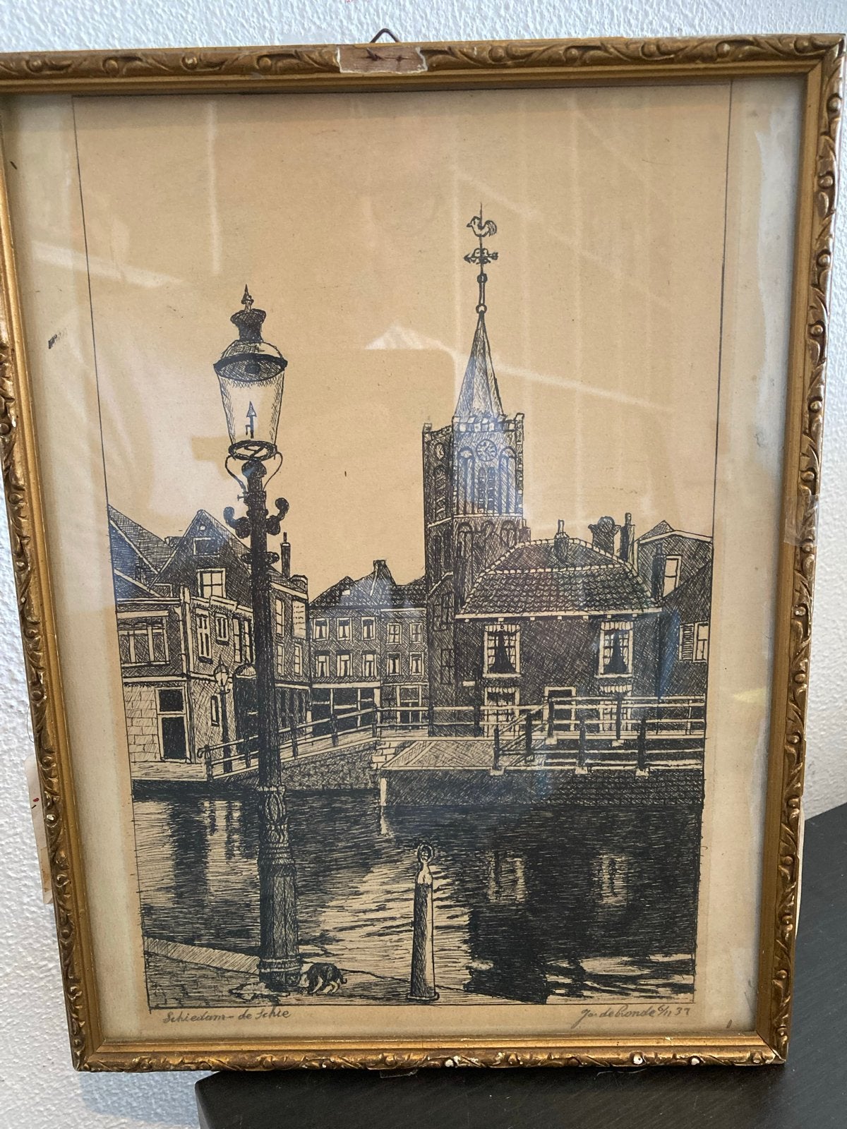 Gesigneerde pentekening Schiedam de Schie met St. Janskerk, Ophalen of Verzenden, Tekening, Pentekening, Handgemaakt