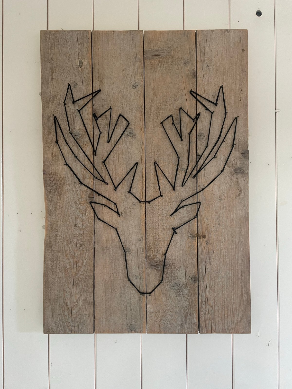 Unieke handgemaakte wanddecoratie hertenkop steigerhout, Ophalen, Wandsculptuur, Hout, Zo goed als nieuw