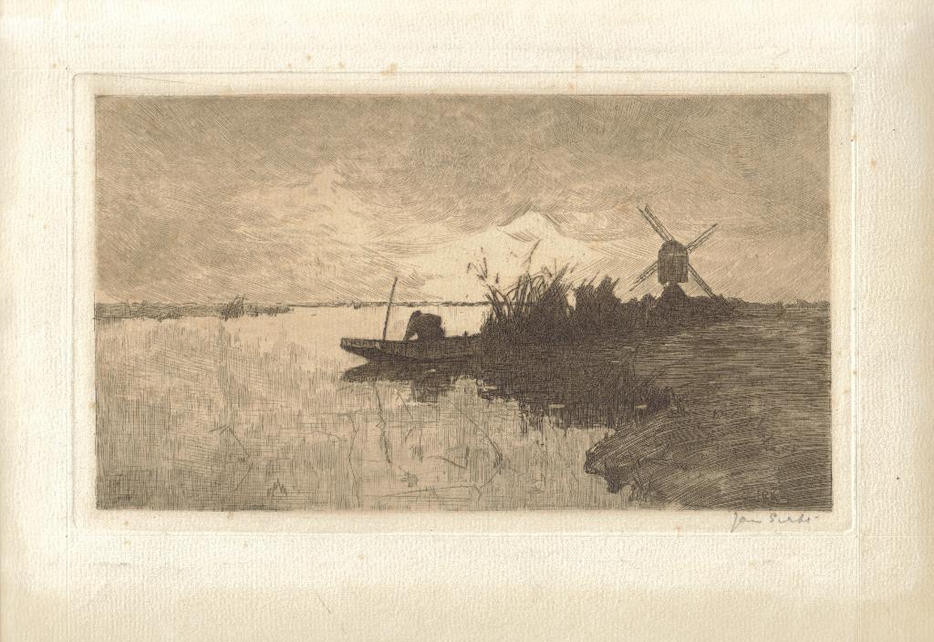 Jan Sirks ets "Platbodem en Molen", gesigneerd, Ophalen
