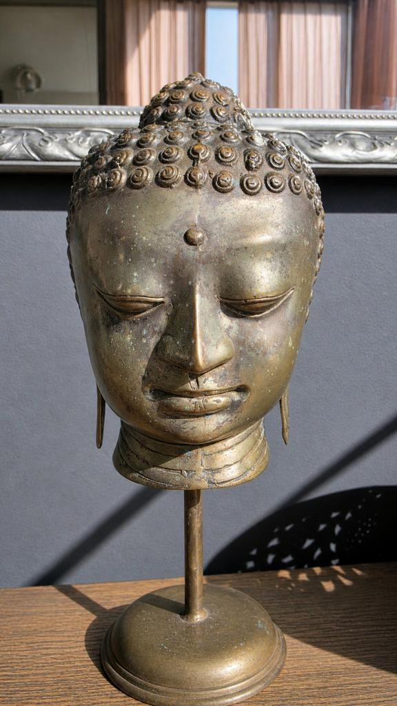 Vintage Bronzen Boeddha Hoofd op Sokkel - Aziatische Kunst, Buste, Gepatineerd, Ophalen of Verzenden, Brons