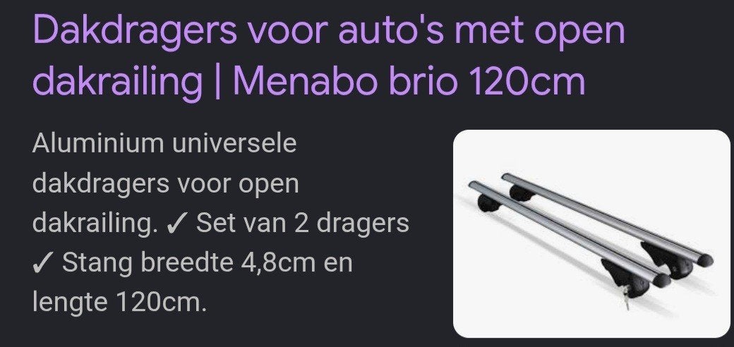 Menabo Brio 120cm dakdragers voor open dakrailing, Ophalen, Gebruikt