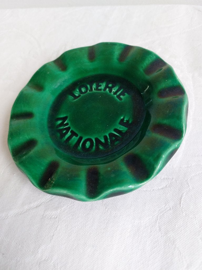 Vintage groen geglazuurde asbak vide-poche Loterie Nationale, Ophalen, Zo goed als nieuw, Asbak