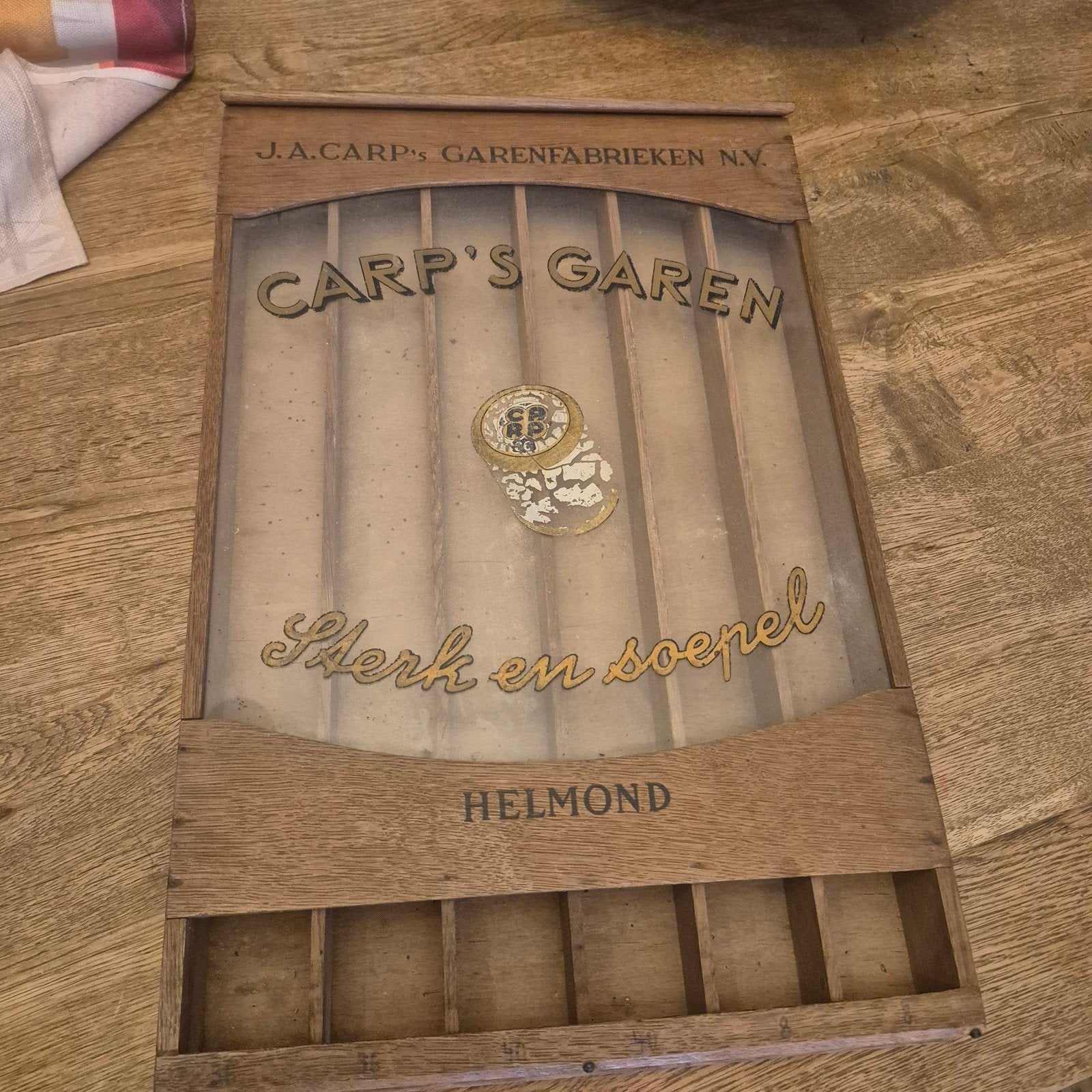 Antieke houten naaidoos van Carp's Garen Helmond, Ophalen of Verzenden