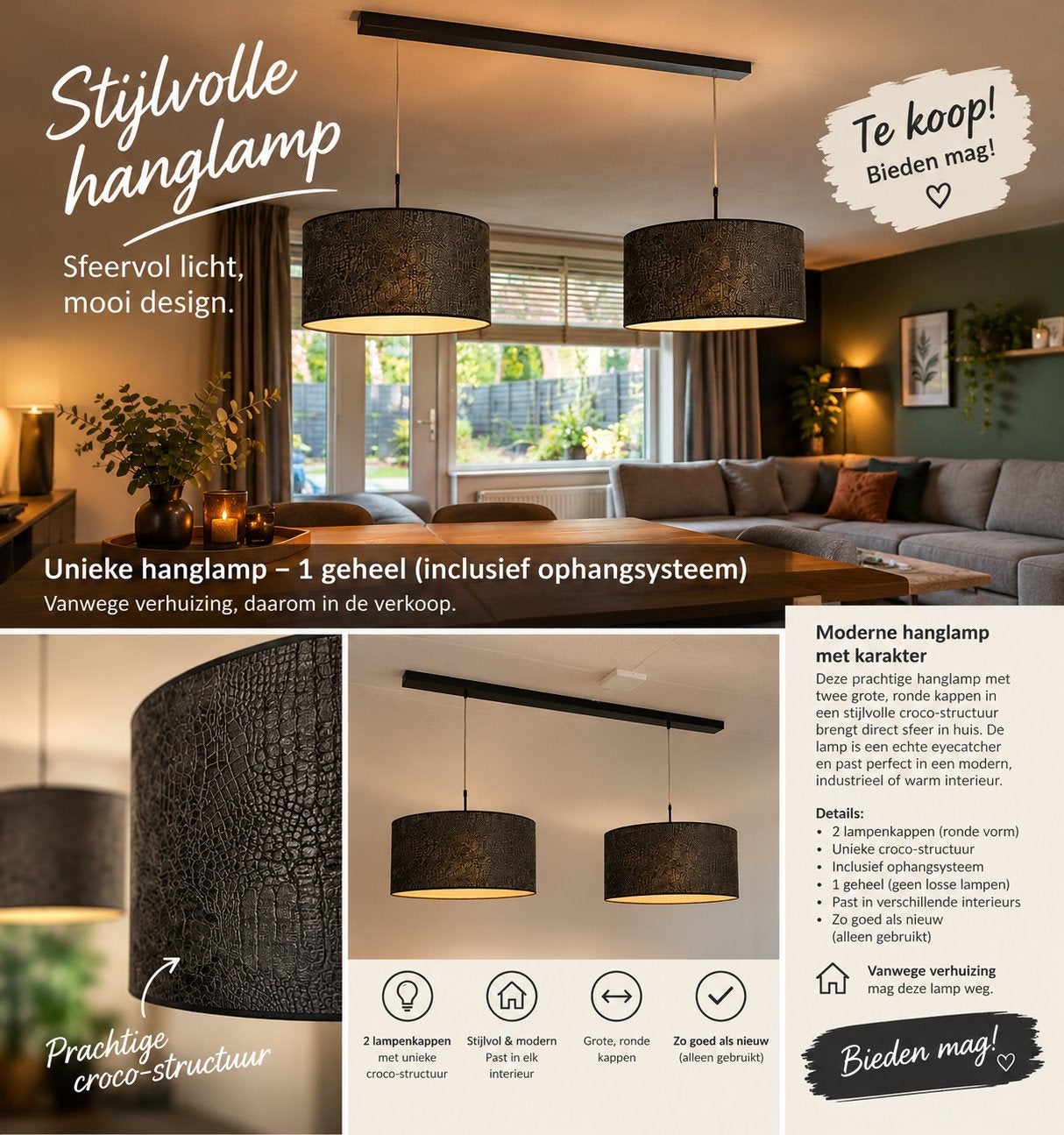 Stijlvolle hanglamp met croco-structuur - Zo goed als nieuw, Ophalen, Zo goed als nieuw, Textiel, Modern, industrieel, warm