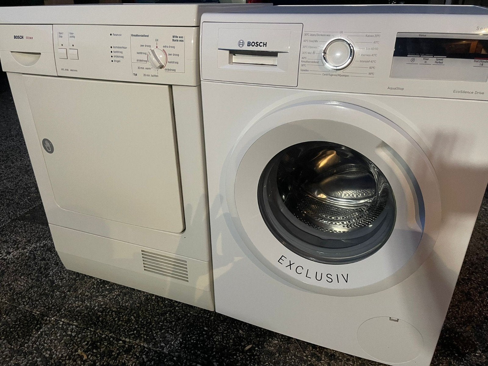 Bosch Wasmachine en Bosch Maxx Droger Set, Ophalen, Gebruikt, 85 tot 90 cm, 1200 tot 1600 toeren
