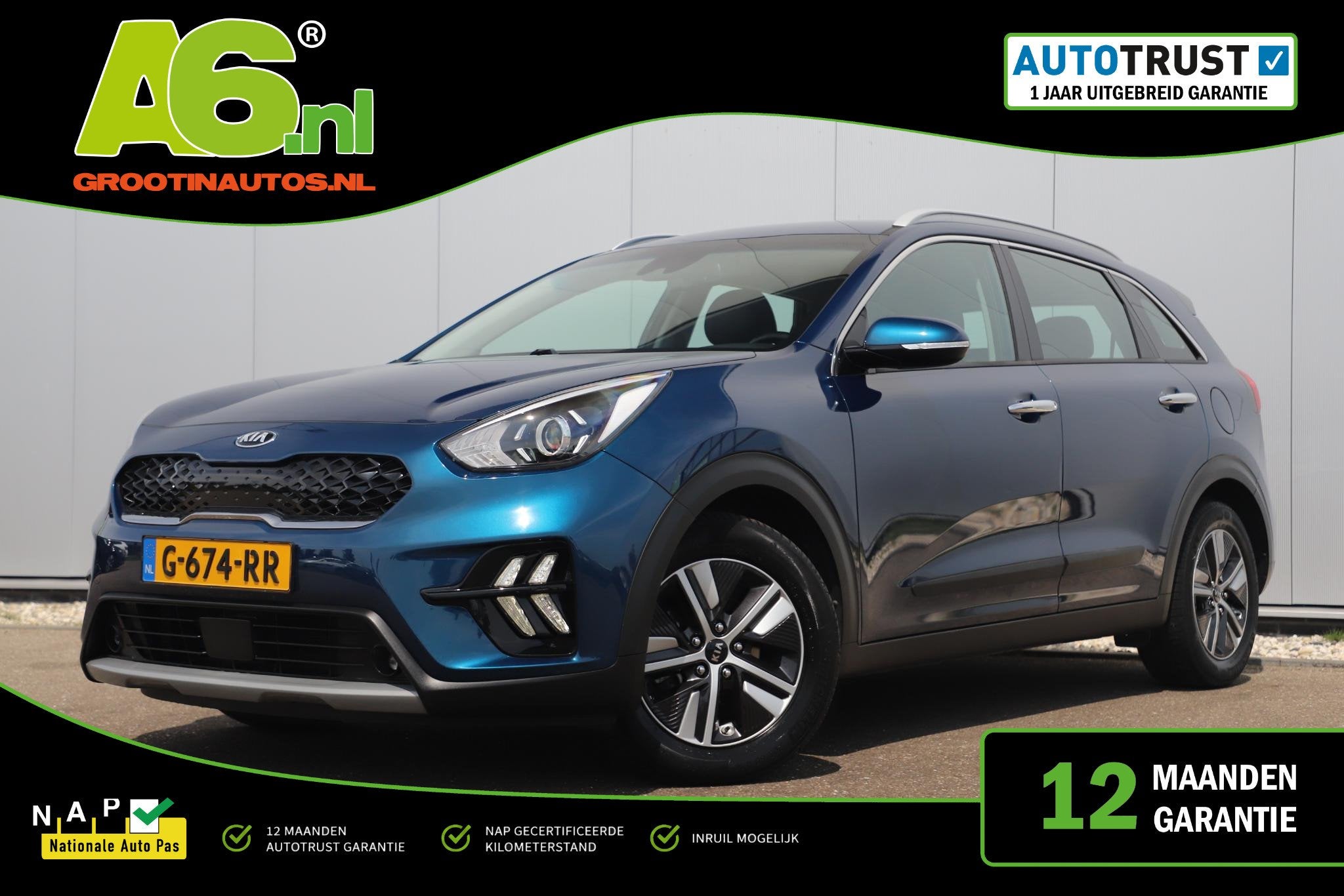 Kia Niro 1.6 GDi Hybrid DynamicLine Automaat Half Leder Navi, Auto's, Kia, Gebruikt, Euro 6, Blauw, Leder en Stof