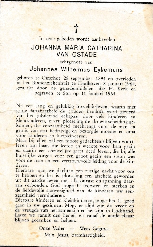 Ostade Johanna 1894 Oirschot 1964 Eindhoven, Ophalen of Verzenden, Bidprentje