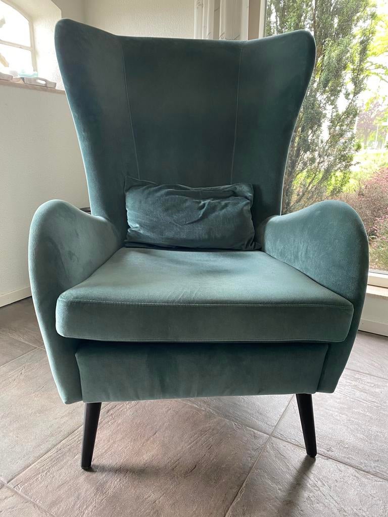 Velvet Groen Fauteuil Stoel en Hocker Poef, Ophalen, Gebruikt, Minder dan 75 cm, Stof