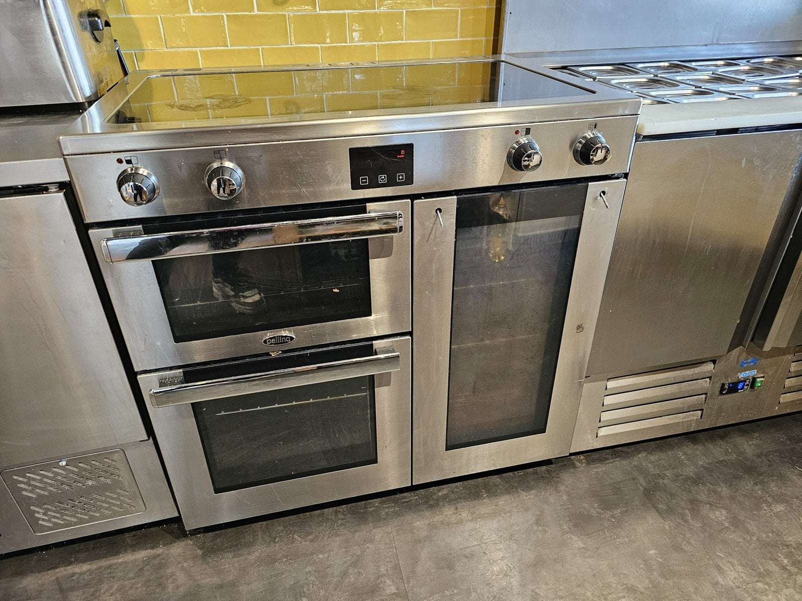 Belling 4-pits inductiefornuis met dubbele oven, Ophalen of Verzenden, Zo goed als nieuw