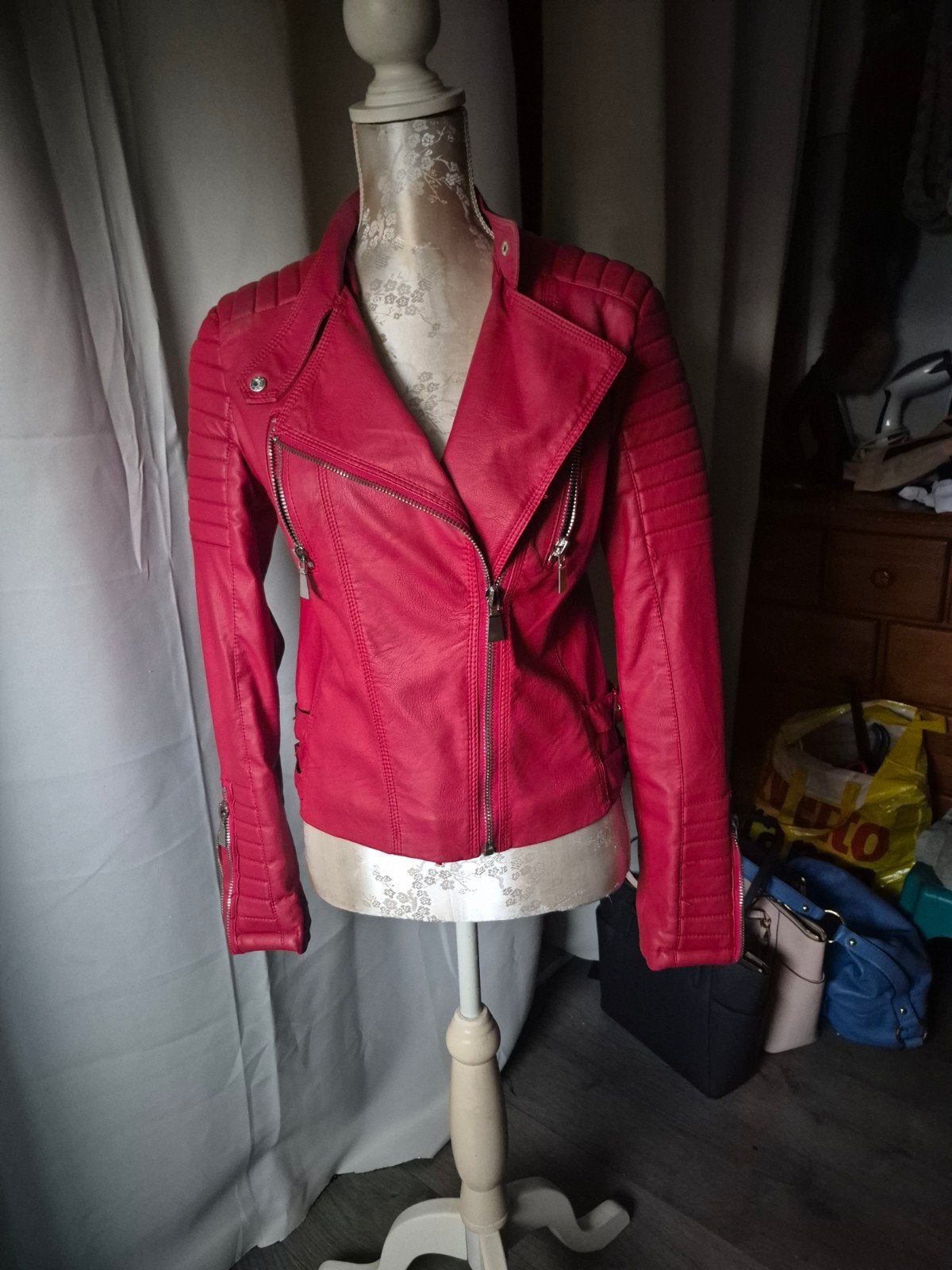Rood leren jasje met ritsen - Zo goed als nieuw, Maat 38/40 (M), Ophalen of Verzenden, Rood, Onbekend