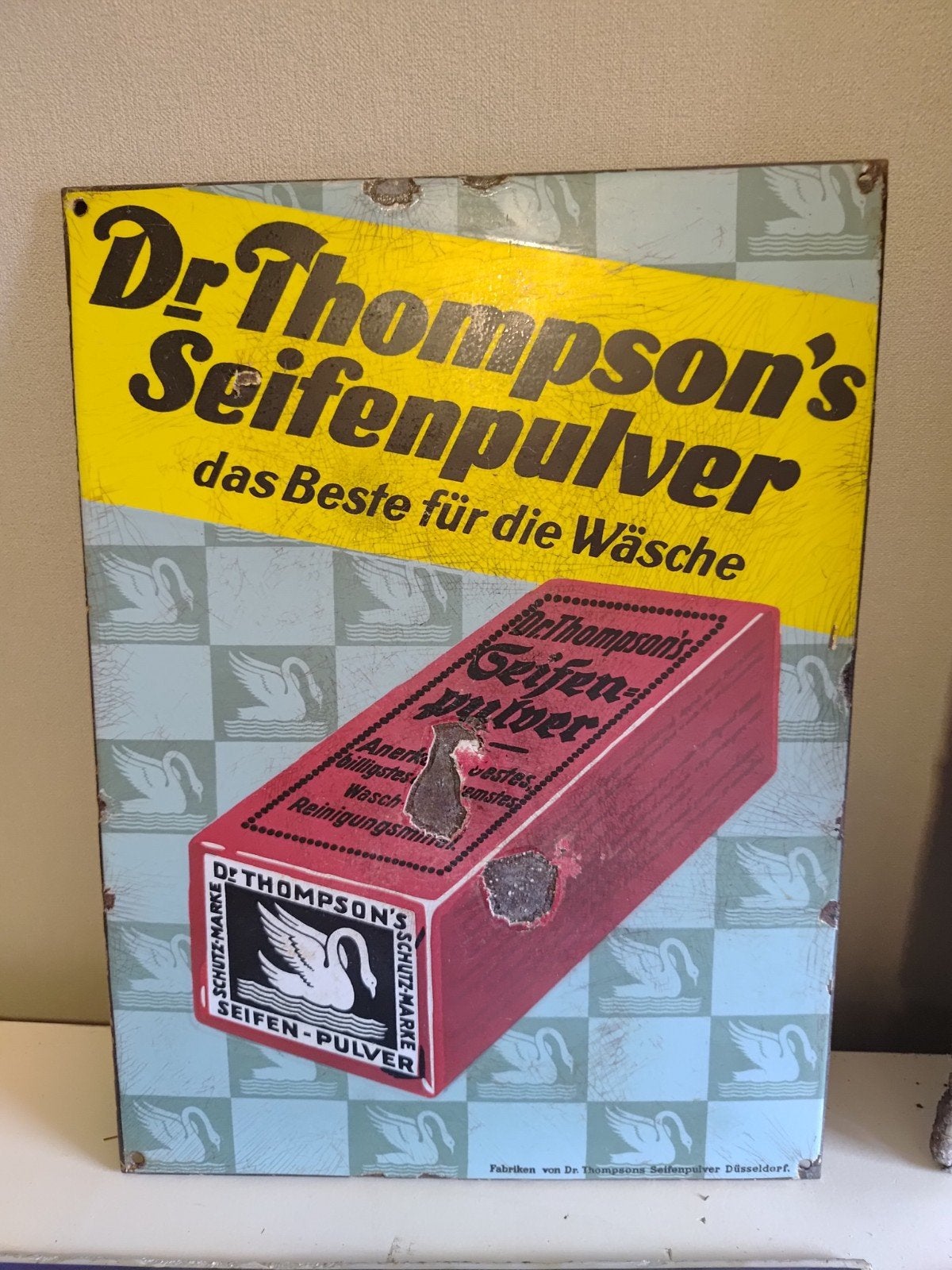 Zeer oud mooi geleefd emaille bord Dr thompson seifenpulver, Ophalen, Gebruikt, Reclamebord