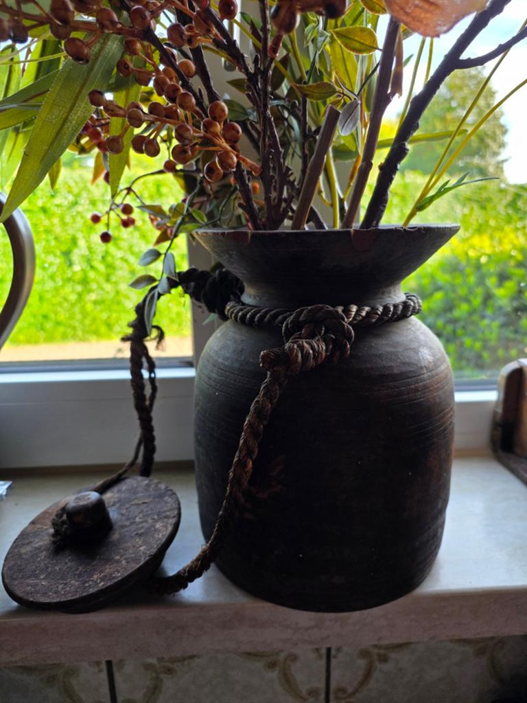 Landelijke oud houten Hoffz kruik vaas, Huis en Inrichting, Woonaccessoires | Vazen, Ophalen of Verzenden, Overige kleuren, Overige materialen