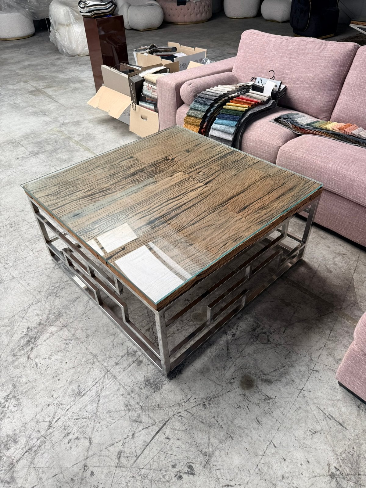 Salontafel Rixos hout met glasplaat chrome onderstel, Ophalen, 50 tot 100 cm, Vierkant, Nieuw