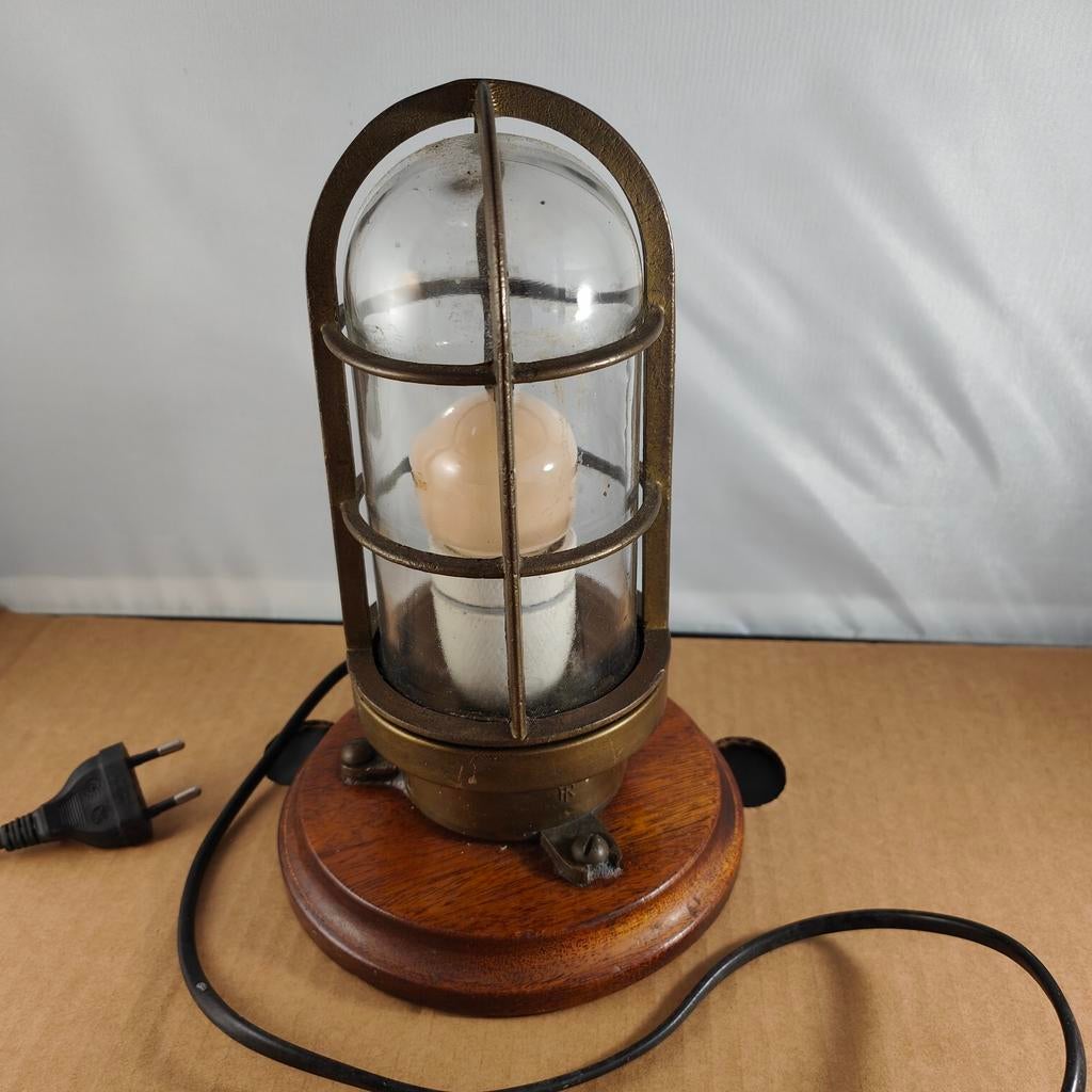 Vintage scheepslamp - koper en hout - kleine imperfectie, Antiek en Kunst, Ophalen of Verzenden