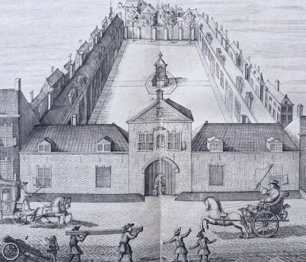 (ca. 1730) Hofje van den Heer van Hogelande – Reinier Boitet, Antiek en Kunst, Verzenden, Stadsgezicht, 29 cm, Gravure