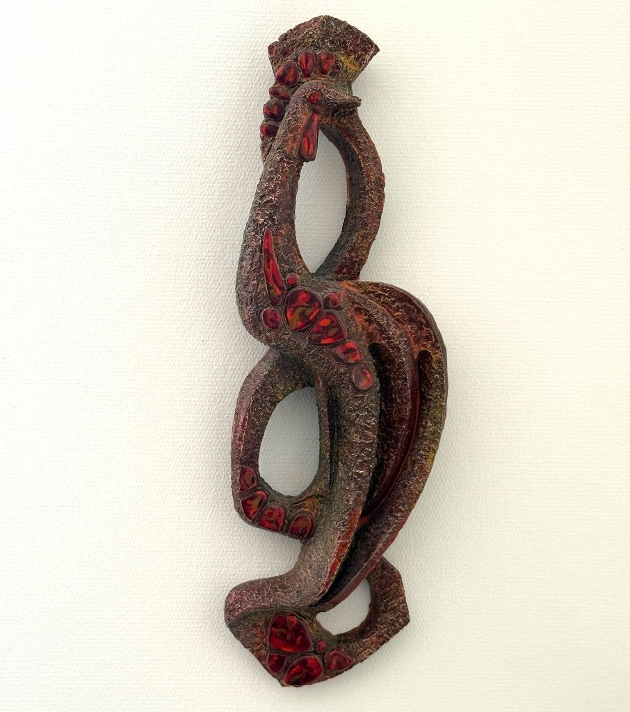 Grote Ars Munda wandsculptuur brutalistische wandkunst vogel, Wandsculptuur, 58 cm, Rood, Vintage