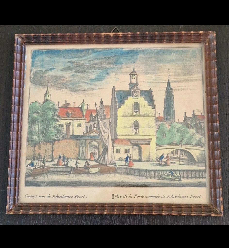 Antieke ingekleurde gravure van Schiedamse Poort, Ophalen of Verzenden
