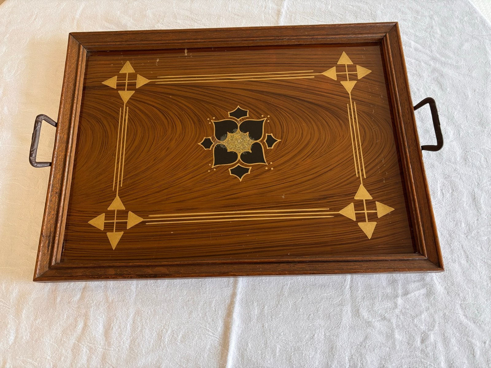 Art Deco houten dienblad met intarsia decoratie., Antiek en Kunst, Ophalen of Verzenden