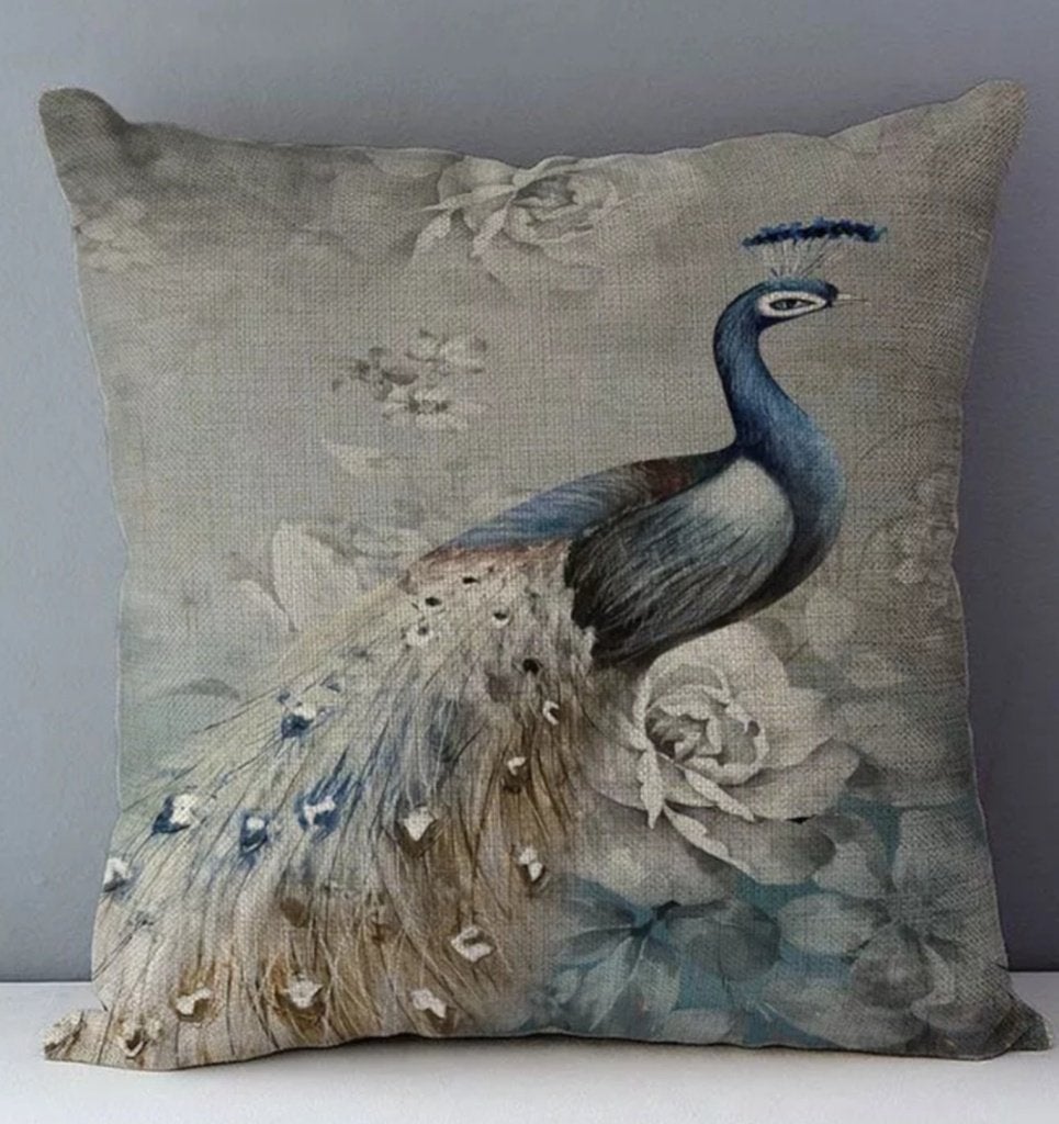 Nieuw, pauw kussenhoes, 45 cm - 45 cm. Kleur is blauw - grij, Overige kleuren, Vierkant, Nieuw, Sierkussen