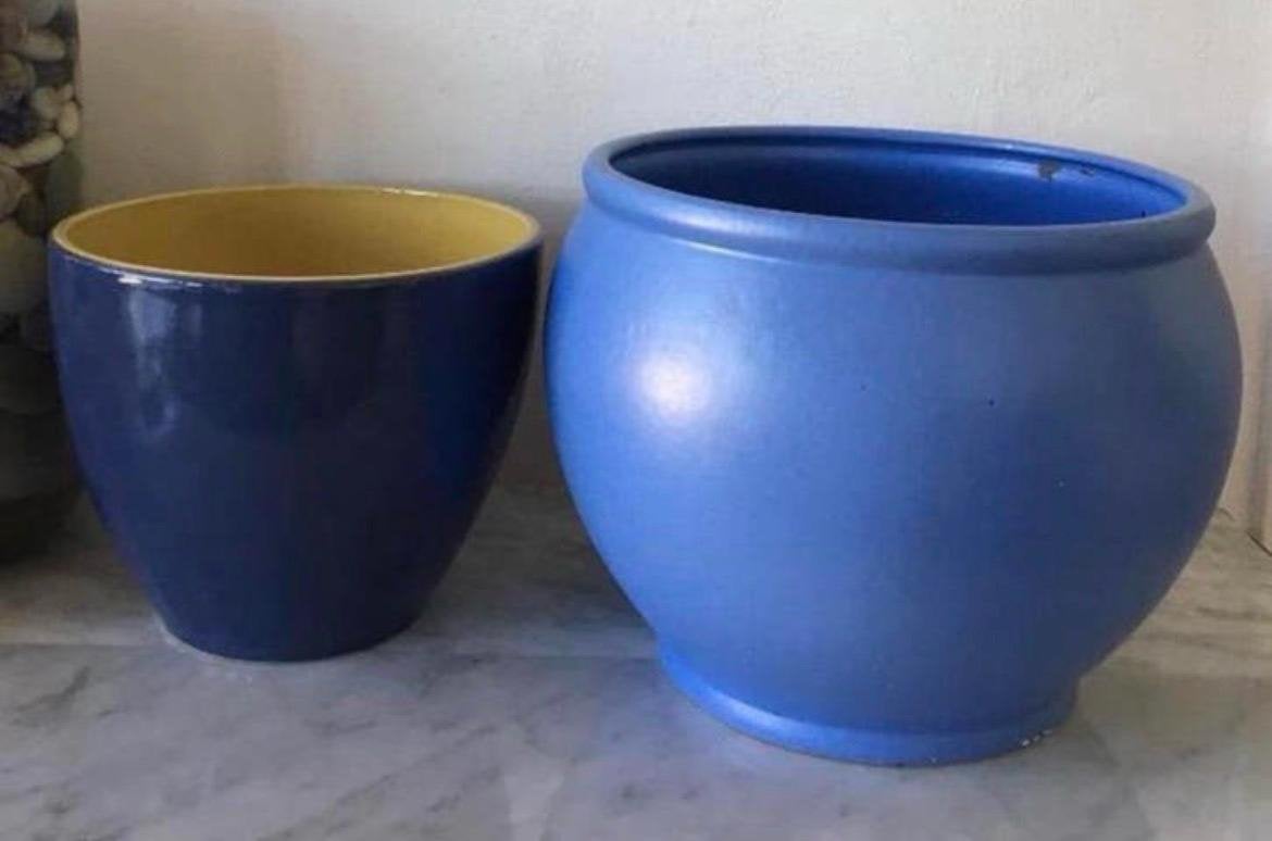 vintage blauwe geglazuurde bloempotten diverse jaren ‘60 pot, Tuin en Terras, Bloempotten, Ophalen, Gebruikt, Rond, Binnen