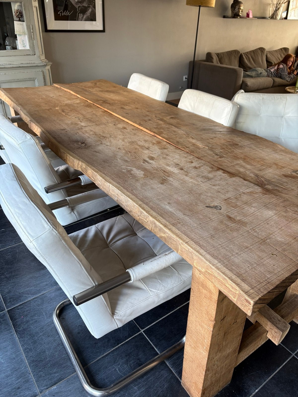 Robuuste eikenhouten eettafel - Landelijke stijl, Ophalen, Gebruikt, 100 tot 150 cm, Eikenhout