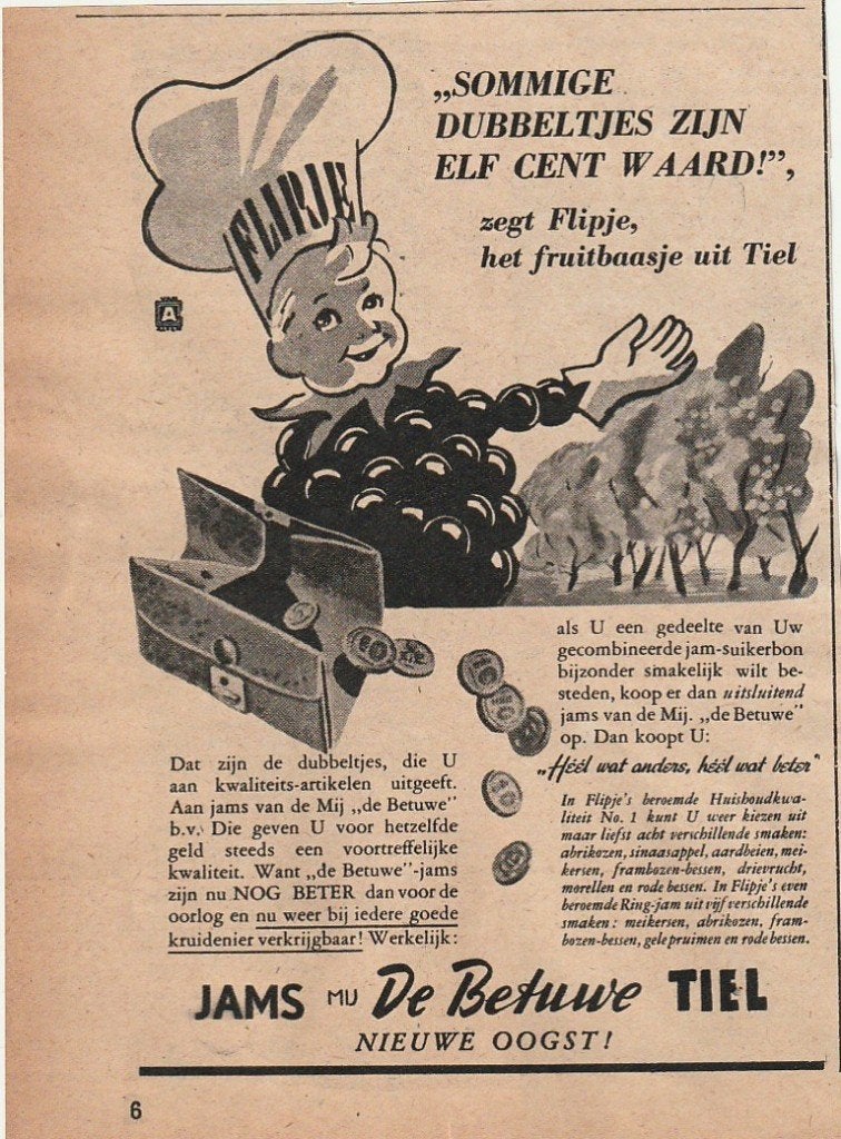 retro reclame 1947 Betuwe Flipje Tiel sommige dubbeltjes, Verzenden, Overige typen
