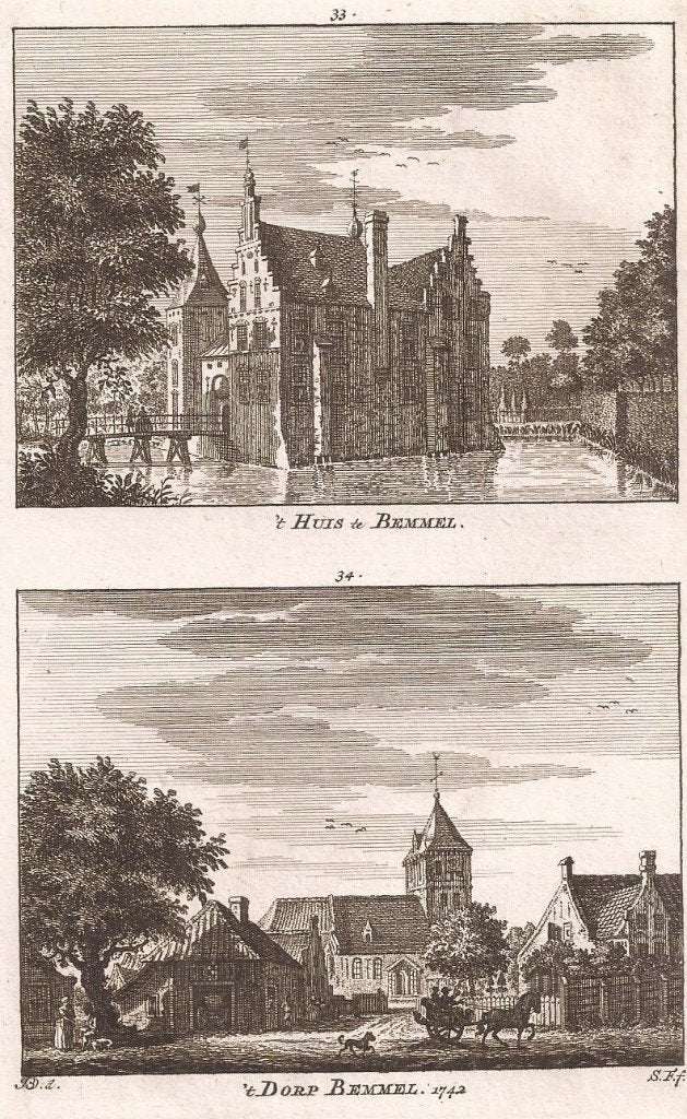 Bemmel. 't Huis te Bemmel. 't Dorp Bemmel. 1742 Simon Fokke, Origineel, Stadsgezicht, Ophalen of Verzenden, Gravure