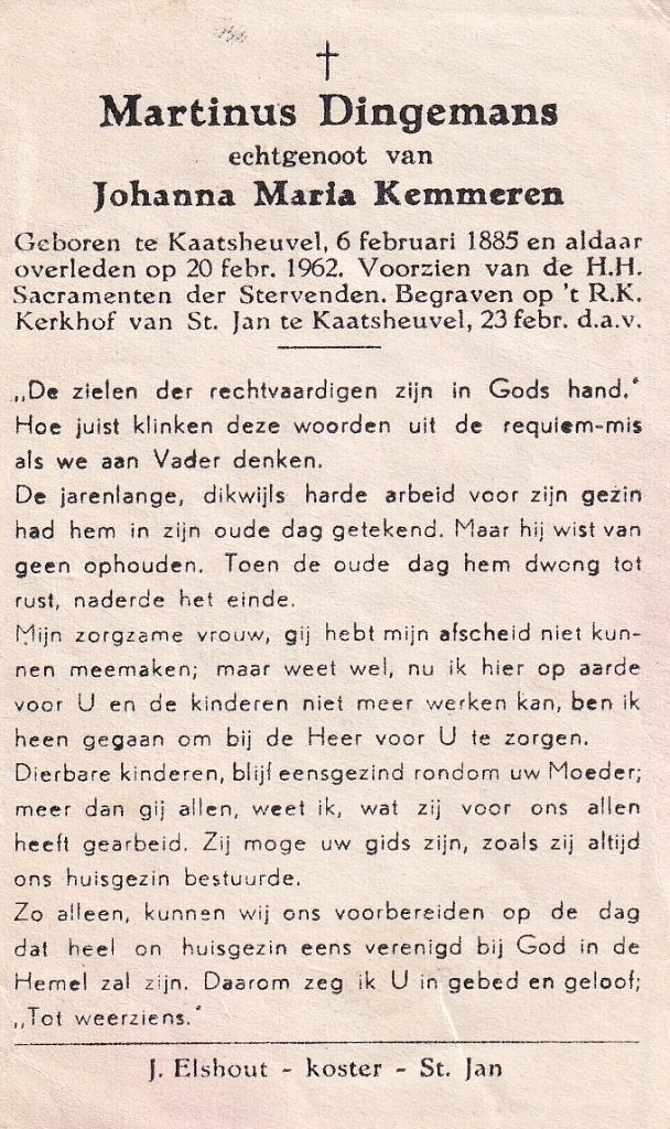 Dingemans Martinus 1885 Kaatsheuvel 1962, Ophalen of Verzenden, Bidprentje