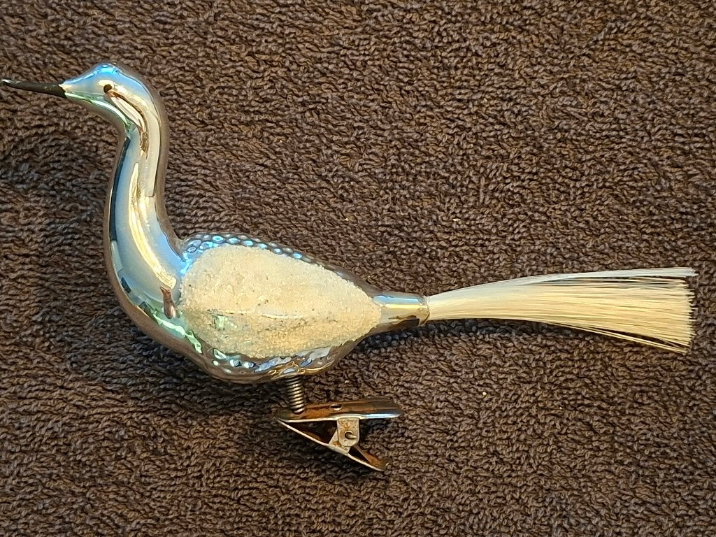 Antieke kerstvogel op knijper met staart van gesponnen glas, Ophalen of Verzenden, Gebruikt