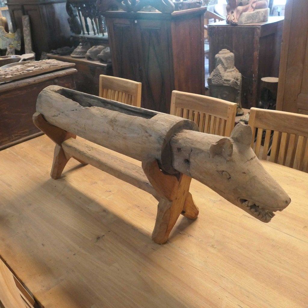 Tribal Kentongan drum KT2 trommel beeld hout hond wolf kunst, Ophalen of Verzenden