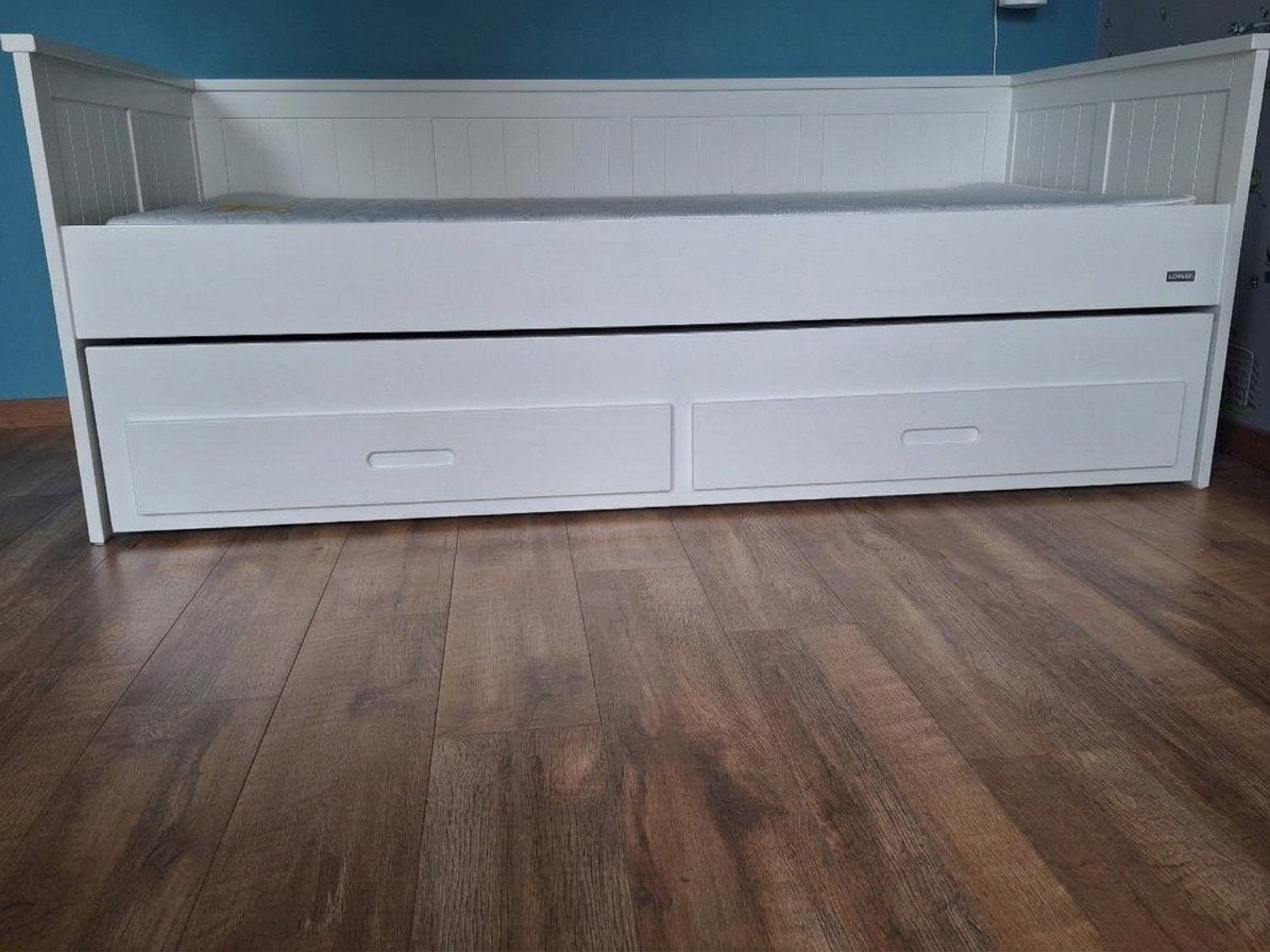 Bed uitschuifbaar merk Coming wit 1-2 of 3 stuks, met 2 lade, Ophalen, Gebruikt, 90 cm, Eenpersoons