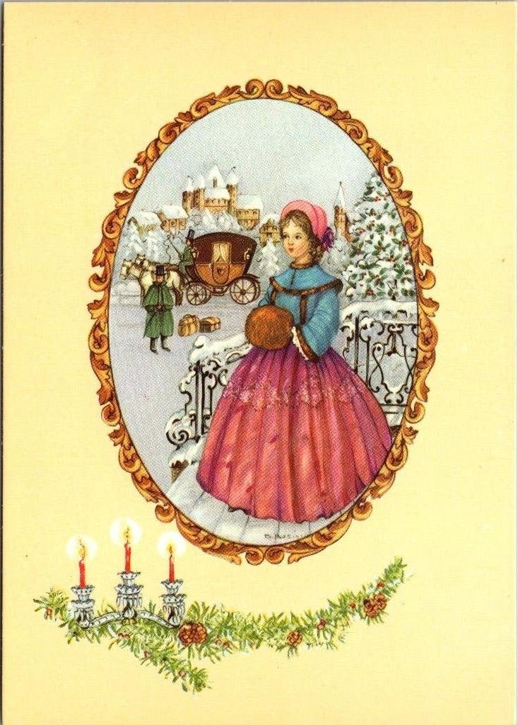 Antieke Kerstkaart: Dame in Winterlandschap met Koets, Verzenden, 1960 tot 1980, Ongelopen, Feest(dag)
