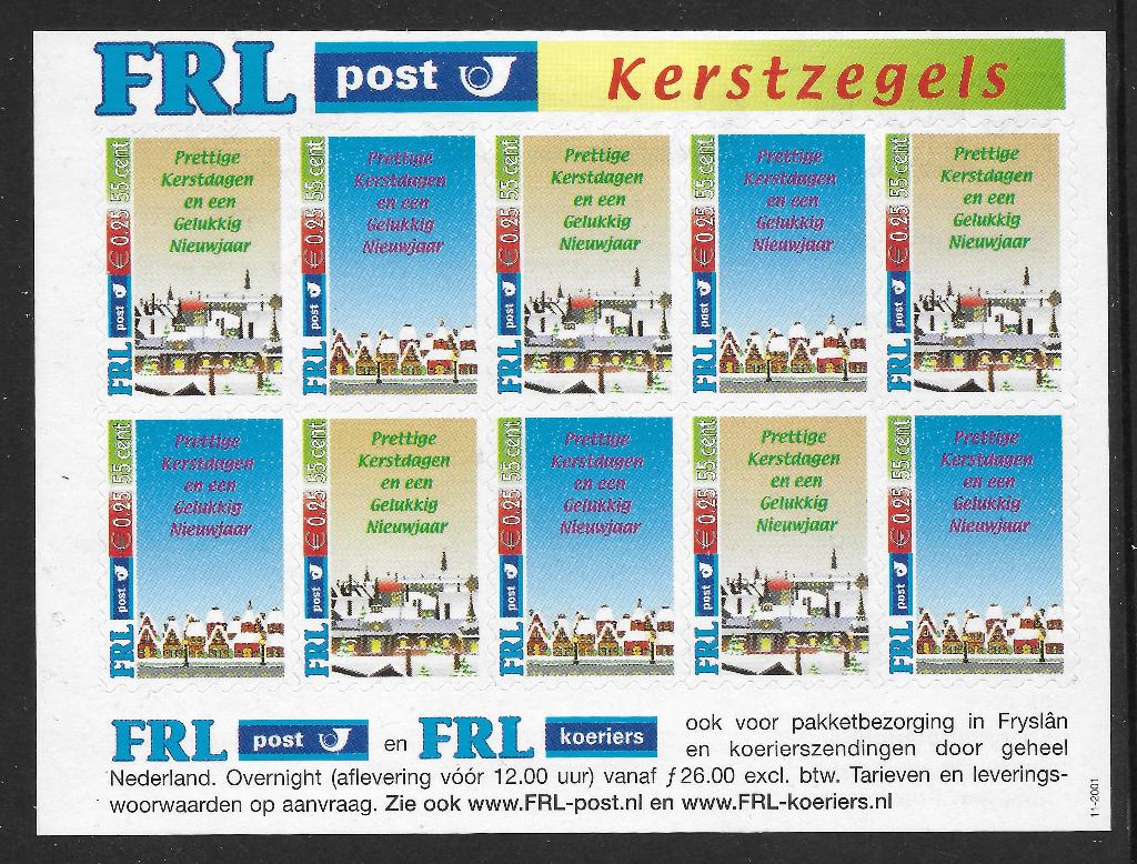 Stadspost Leeuwarden 2001 Kerstzegels velletje pf, Ophalen of Verzenden, Na 1940, Postfris