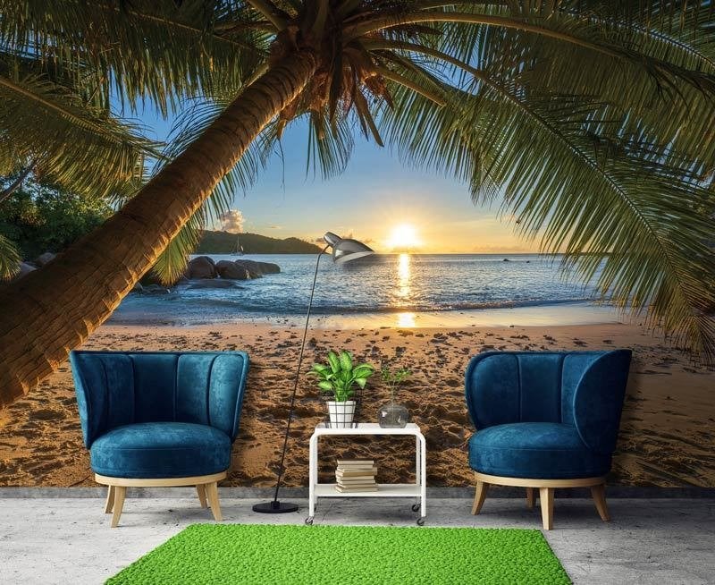 Fotobehang - Strand - Palmboom - Tropisch Strandparadijs, Huis en Inrichting, Stoffering | Behang, Meerkleurig, Fotobehangkoning.nl