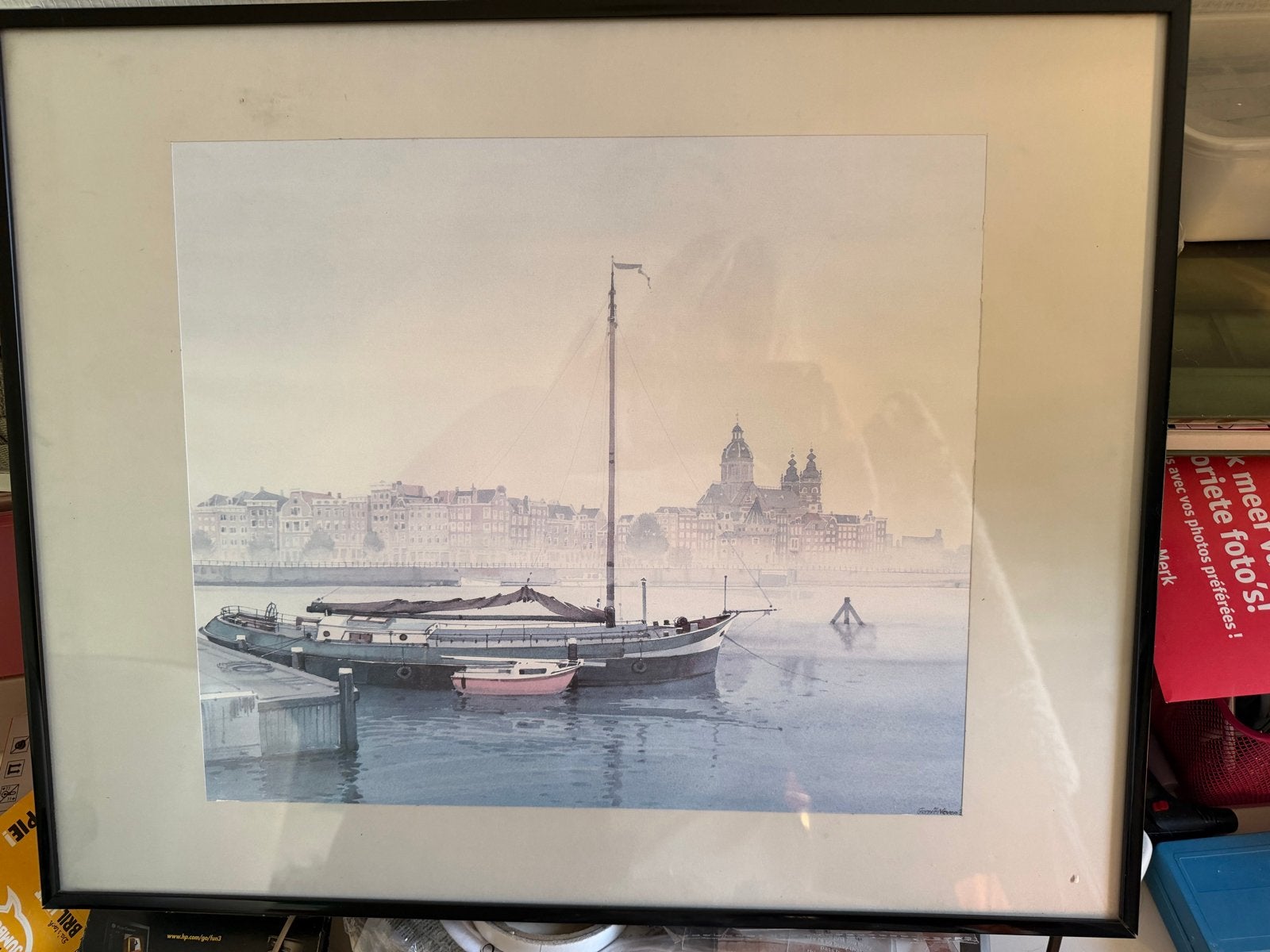 Gerrit Neven aquarel van havengezicht met boot en stad, Ophalen of Verzenden, Tekening, Aquarel, Gesigneerd