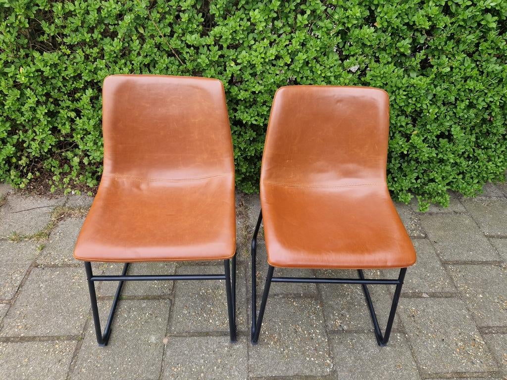 2 cognac leren eettafelstoelen (eventueel 3e donkerbruin), Huis en Inrichting, Stoelen, Ophalen, Gebruikt, Twee, Bruin